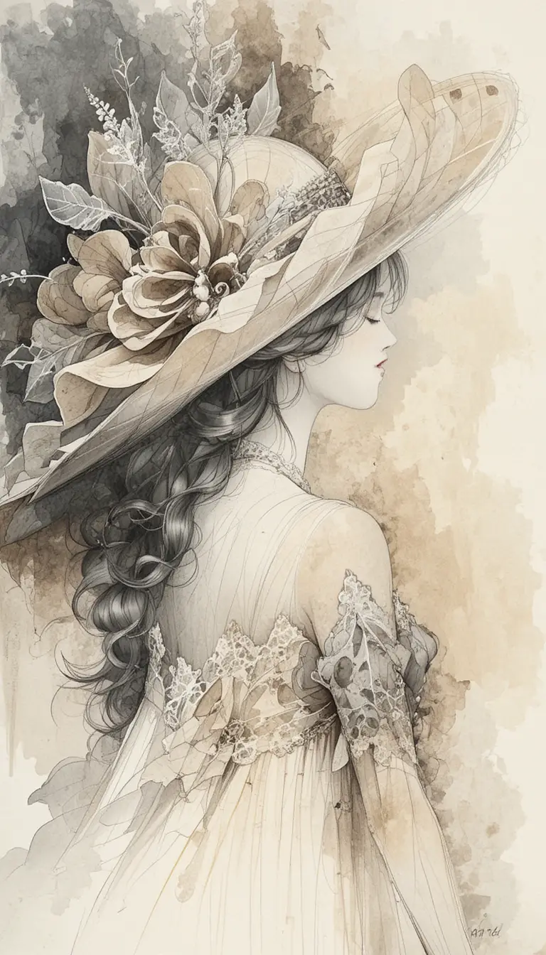 Elegant large hat with delicate lace in soft pastel tones