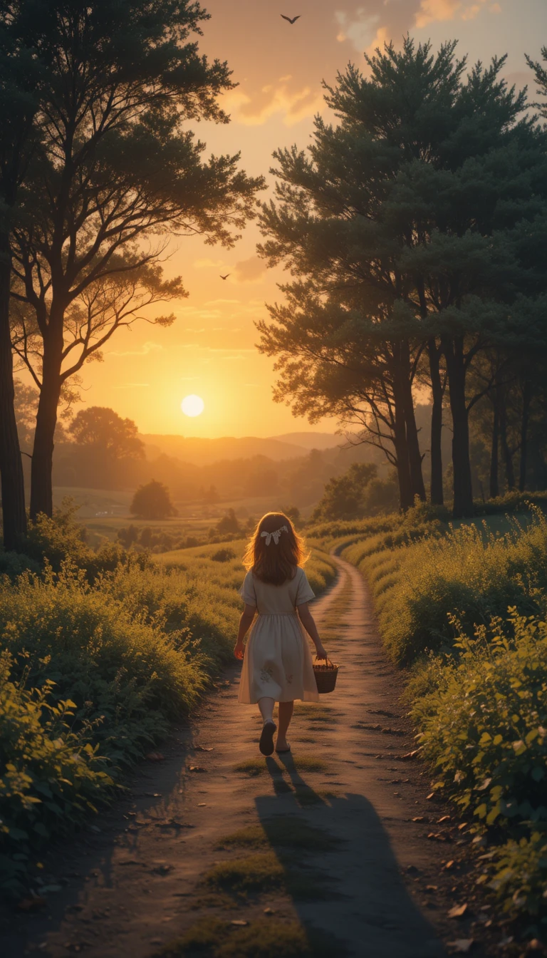 Young girl walking along a forest path at sunset