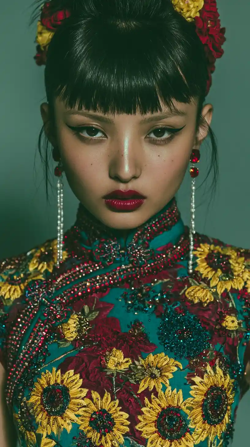 Elegant woman in floral qipao against teal studio backdrop