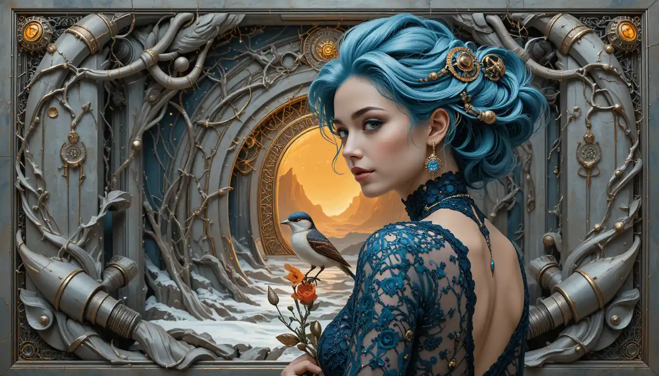 Fantasy woman with flowing teal hair in ornate blue gown