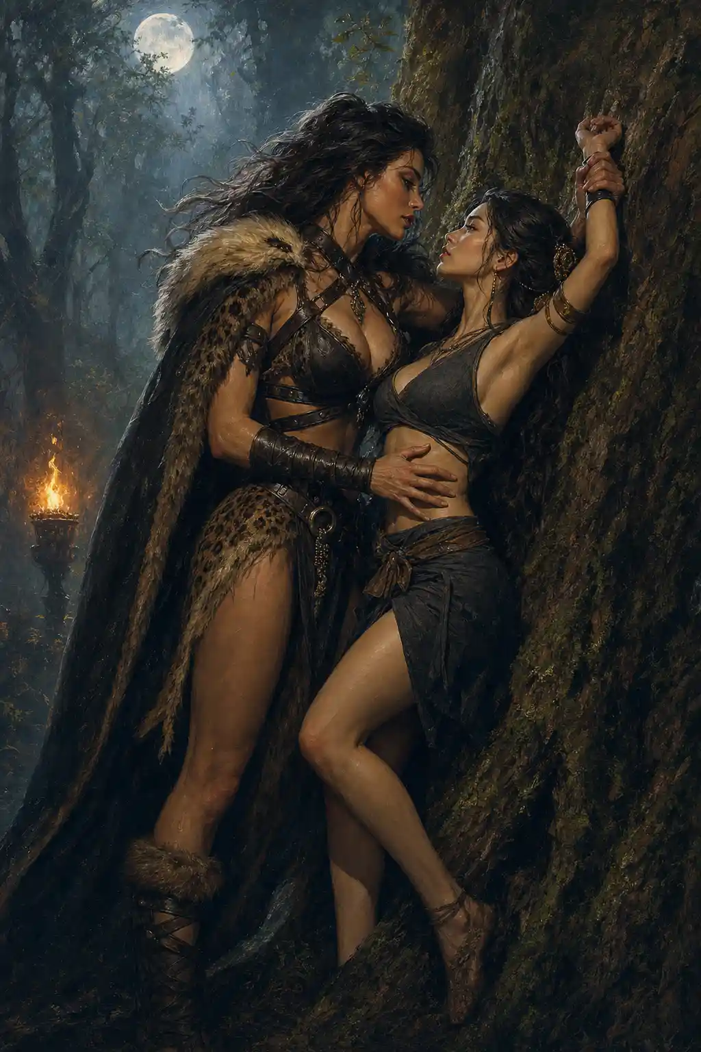 Sensual huntress and captive woman in moonlit forest