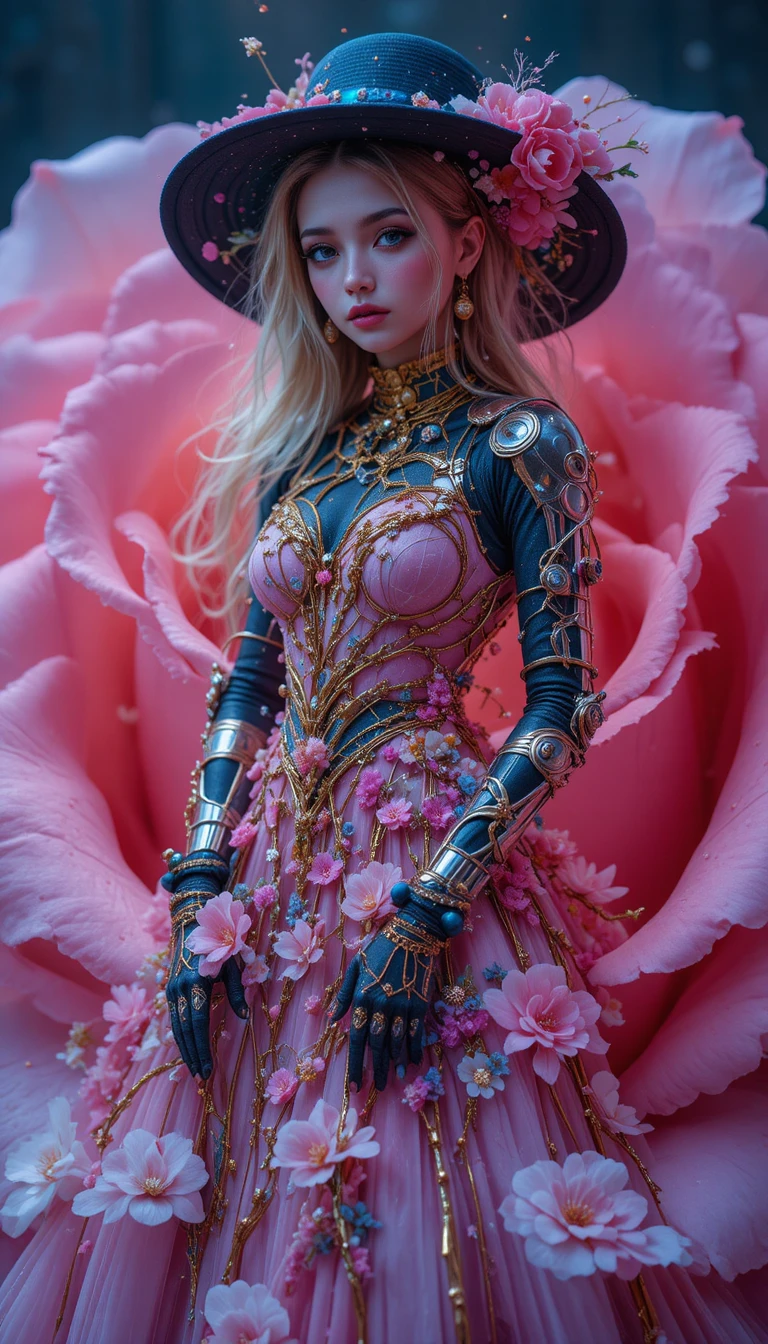Surreal neon woman rising from a cosmic rose blossom