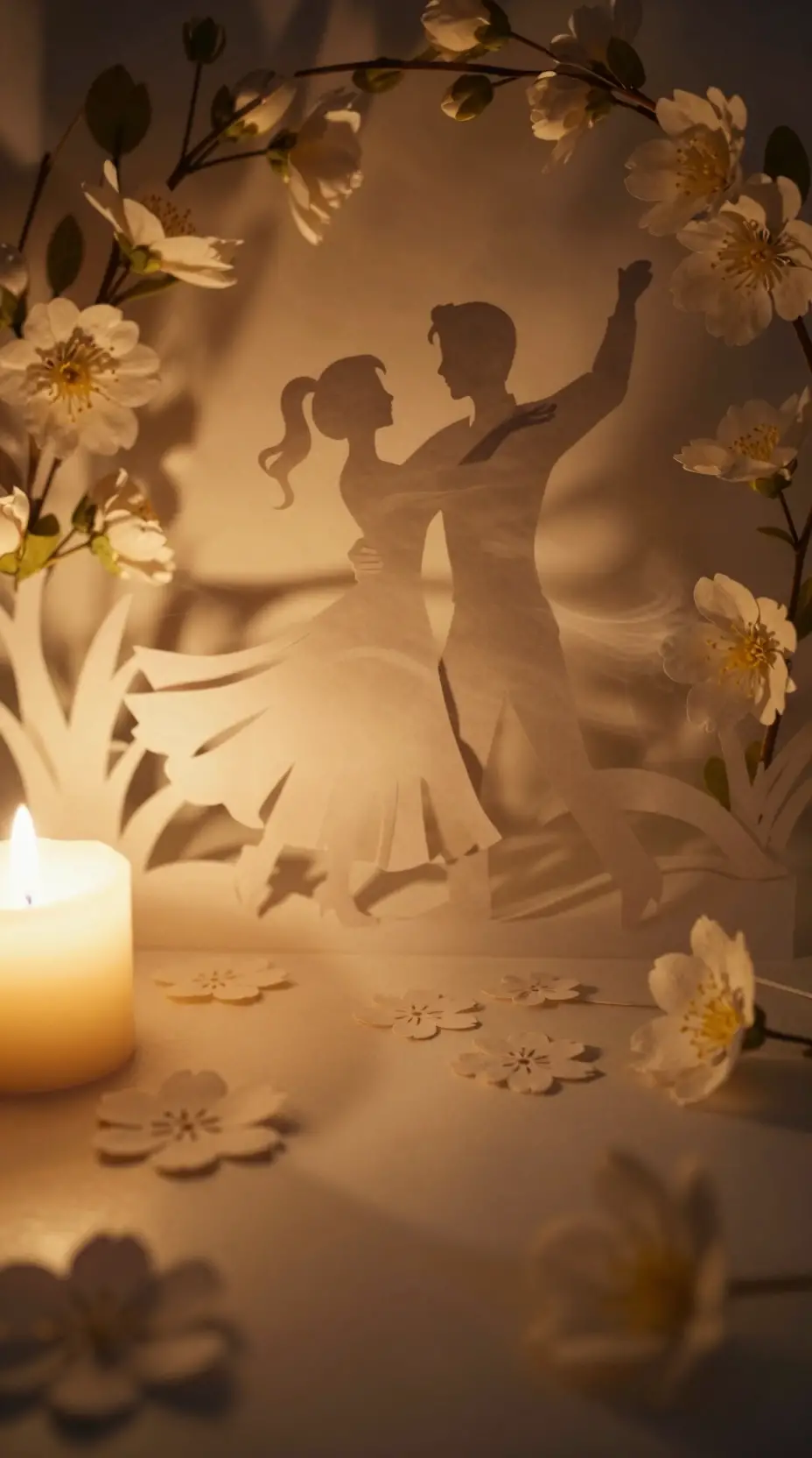 Paper silhouette couple dancing amid flowers by candle glow