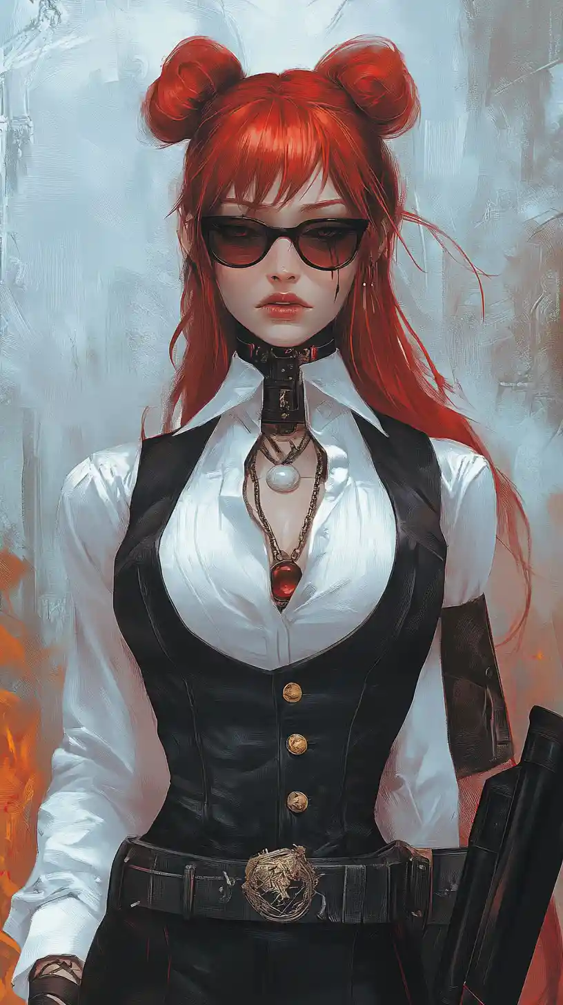 Tired red haired girl in glasses smoking in formal outfit