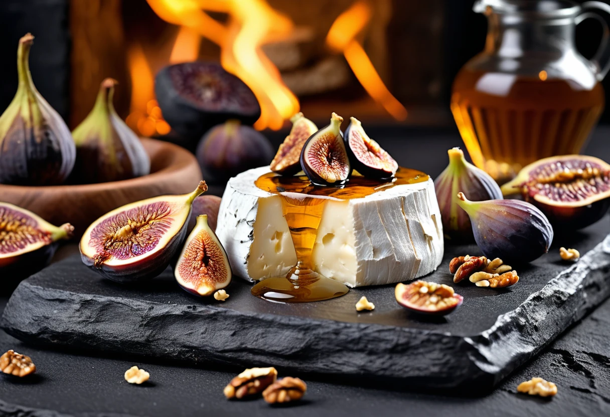 Gourmet goat cheese with figs walnuts and bread on stone board