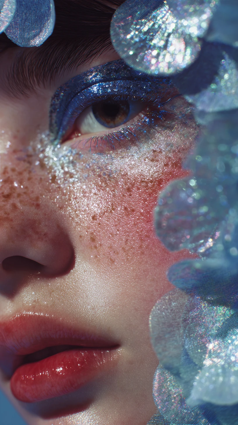 Retrato en primer plano de una mujer con maquillaje metálico azul
