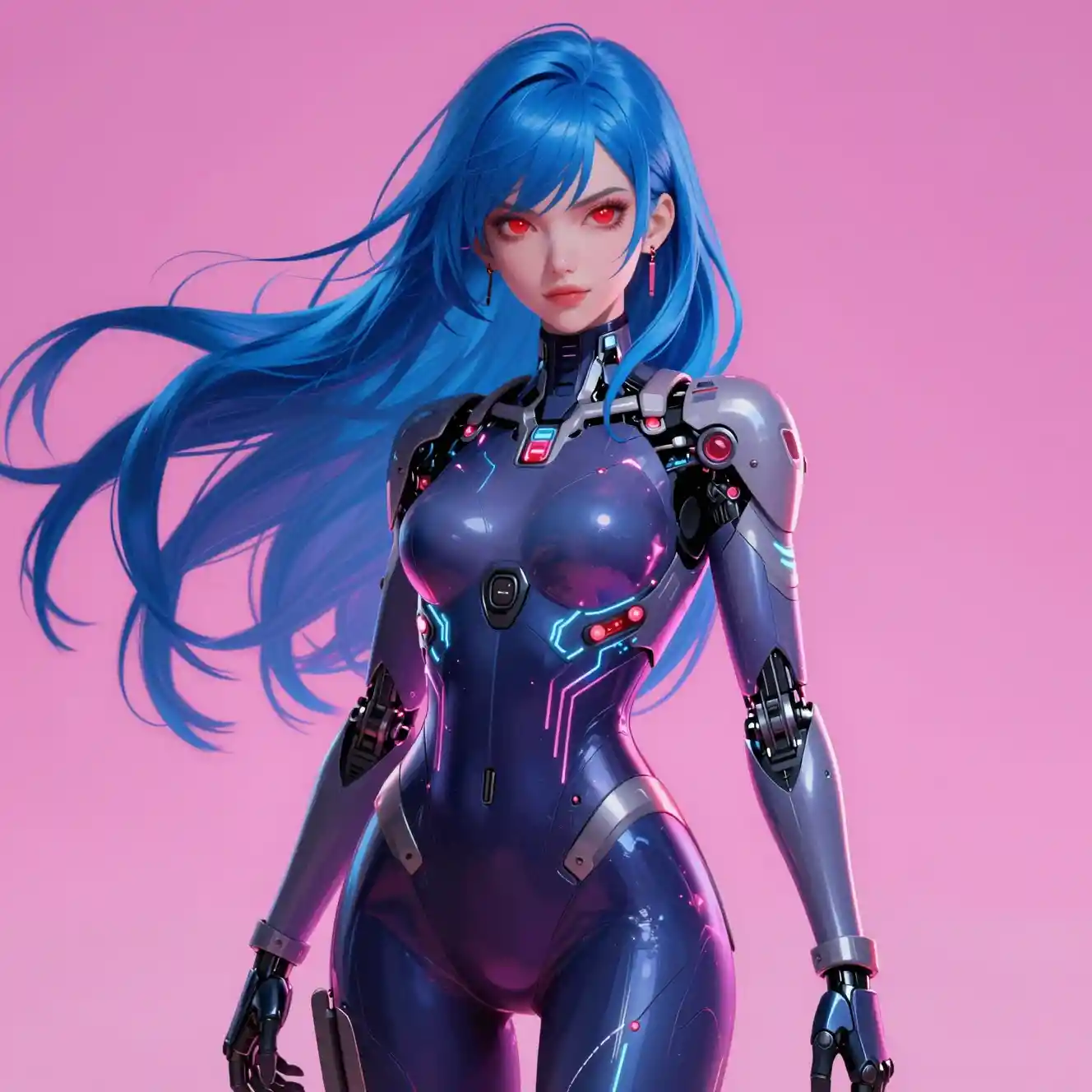 Cyberpunk woman with blue hair in neon tech bodysuit