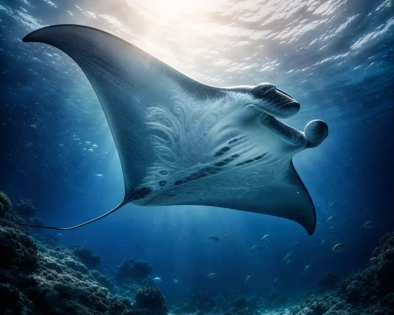 Graceful manta ray gliding through the deep ocean water