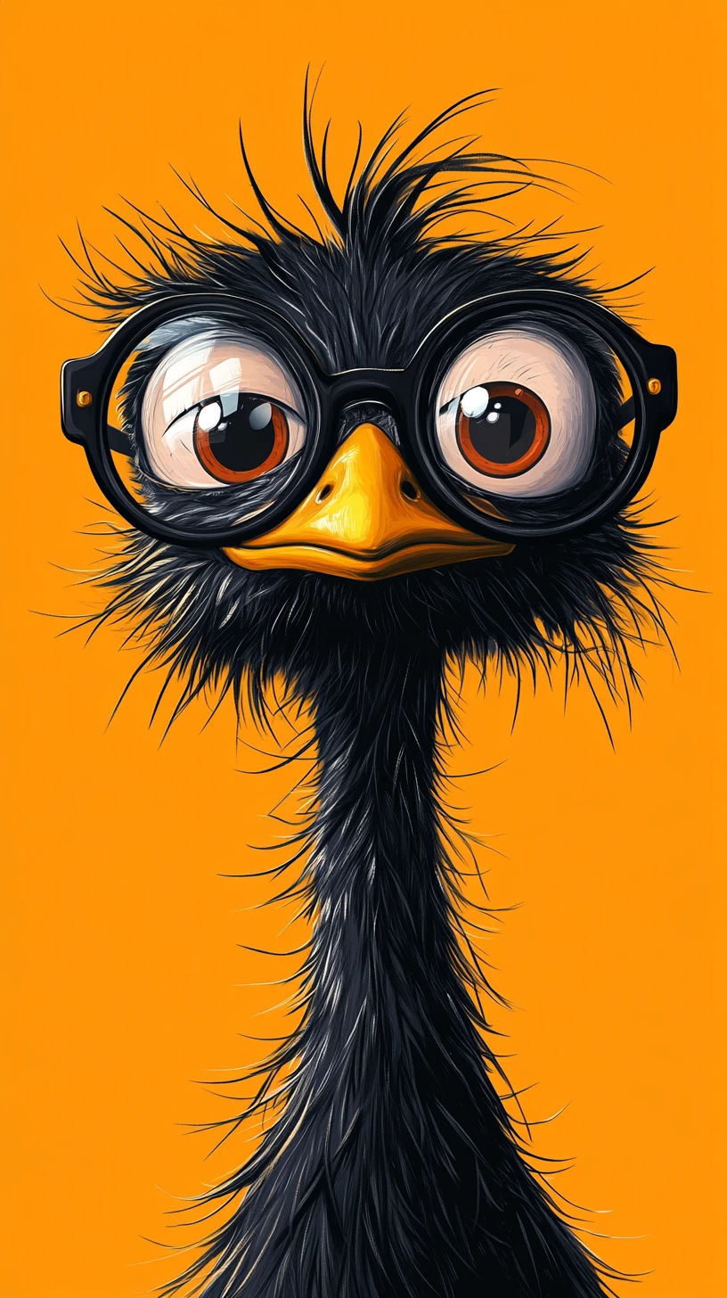 Sarcastic cartoon emu portrait with huge nerdy glasses