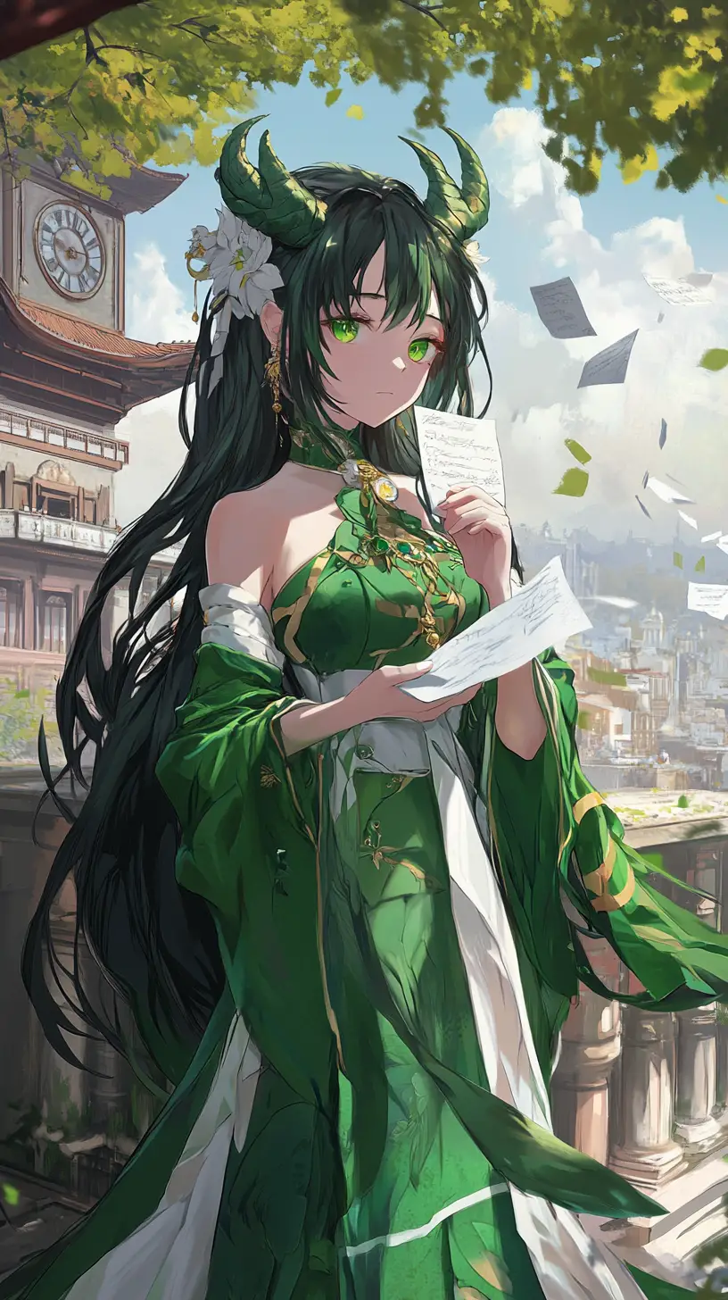 Chica dragón cansada con vestido verde fluido sosteniendo peluche