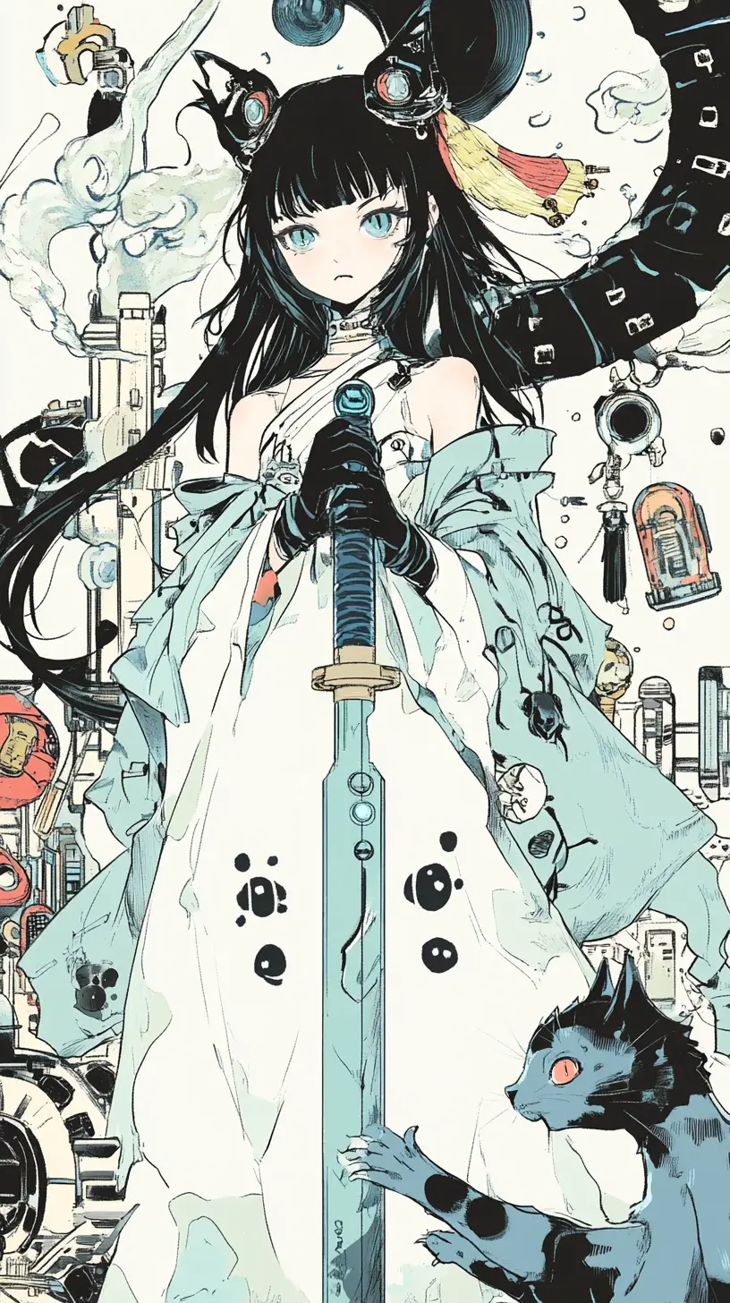 Futuristic spear with light blue blade and kitten engraving
