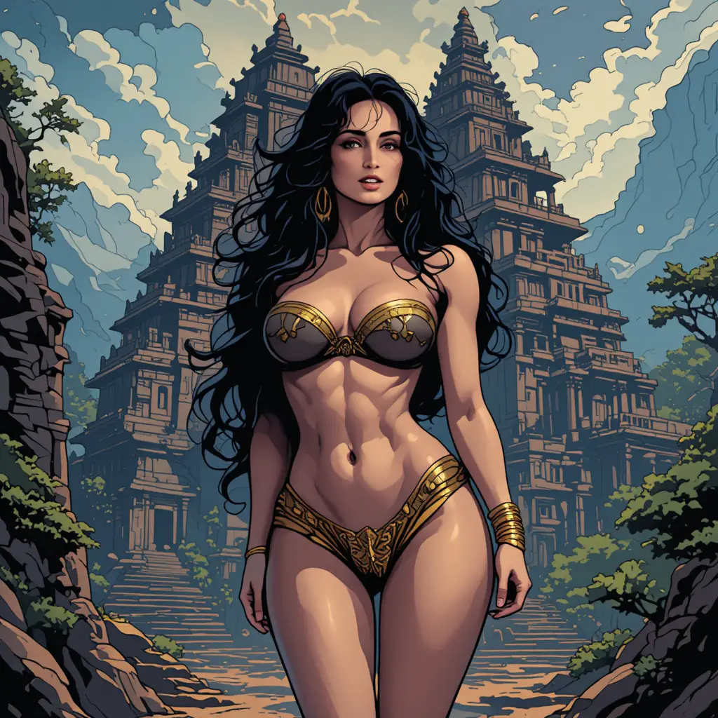 Donna amazzone che posa in lingerie presso un antico tempio maya