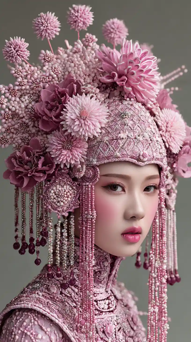Woman in ornate traditional headdress with pink floral details