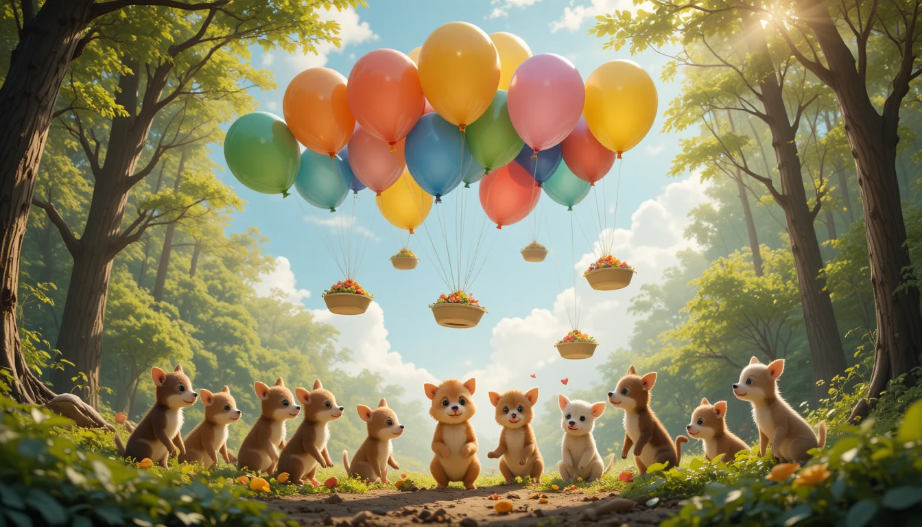 Colorful balloons delivering food to happy baby forest animals