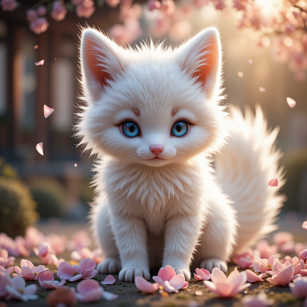 Cute baby celestial fox playing with cherry blossoms
