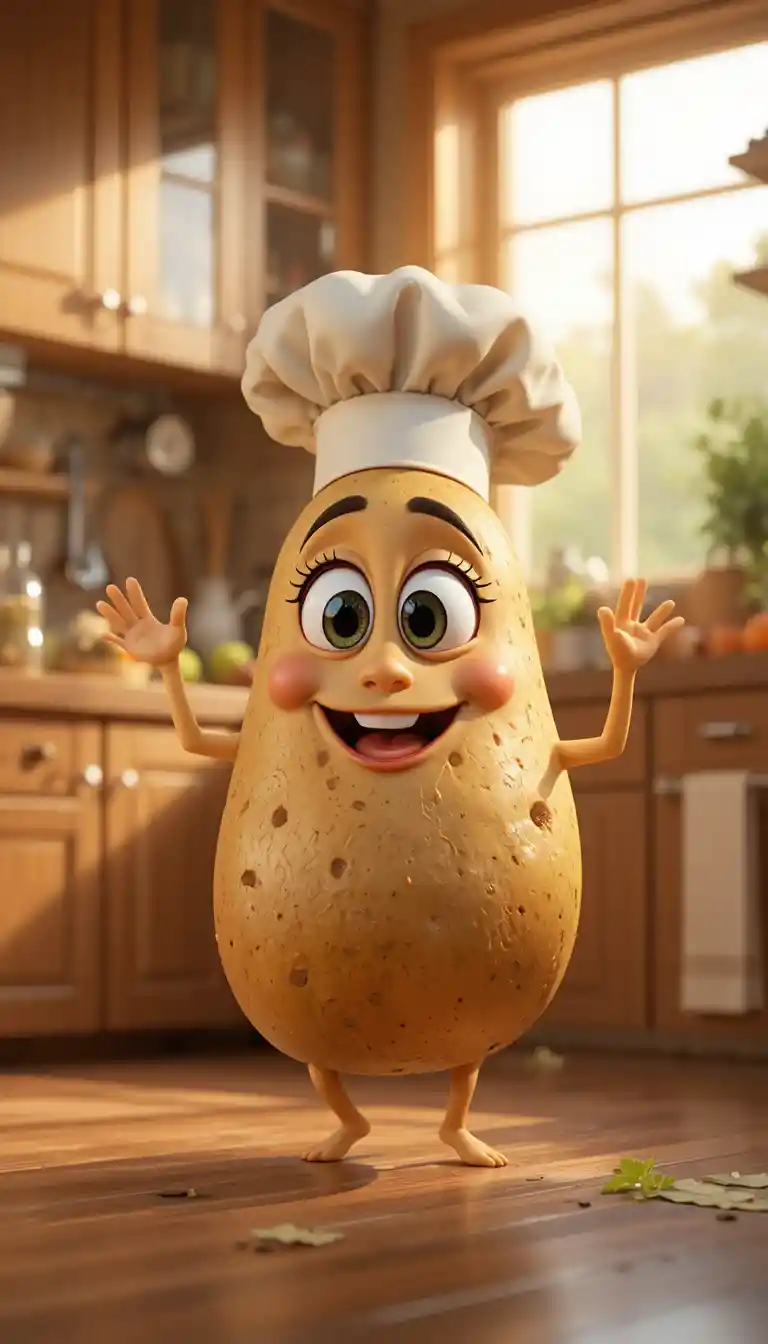 Cute potato chef dancing in a cozy kitchen
