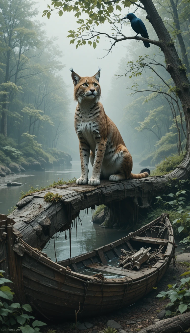 Surreal close up of a lynx on a ruined bridge
