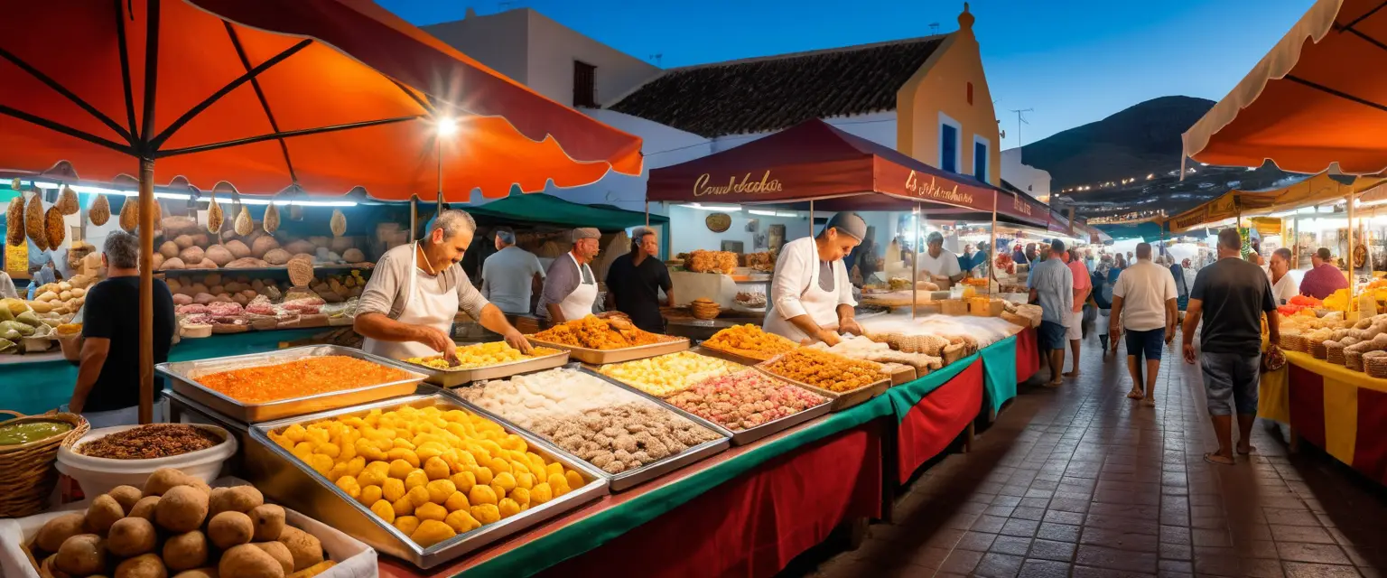 Traditioneller kanarischer Lebensmittelmarkt mit farbenfrohen Ständen für lokale Produkte