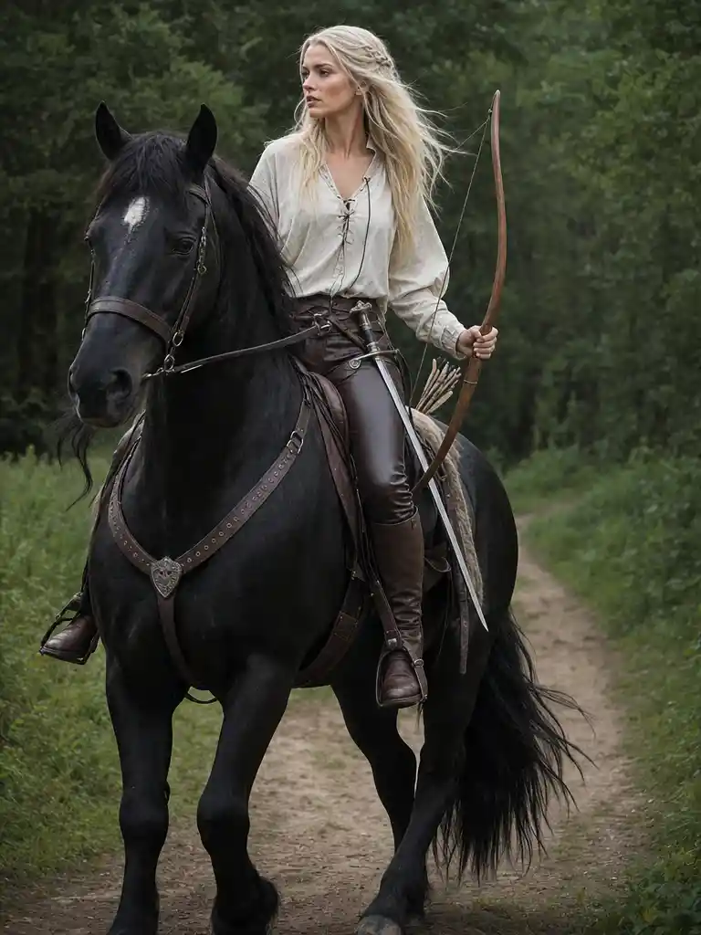 Young woman riding a black stallion on forest road