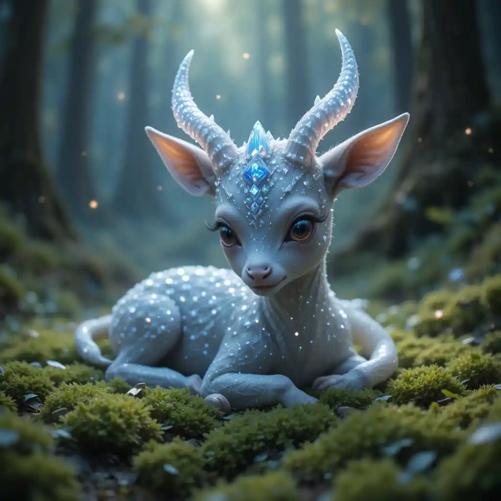 Baby kirin fawn resting on glowing blue forest moss