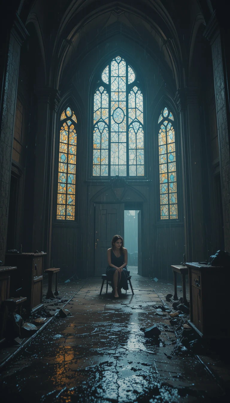Woman alone in an abandoned church during a stormy night