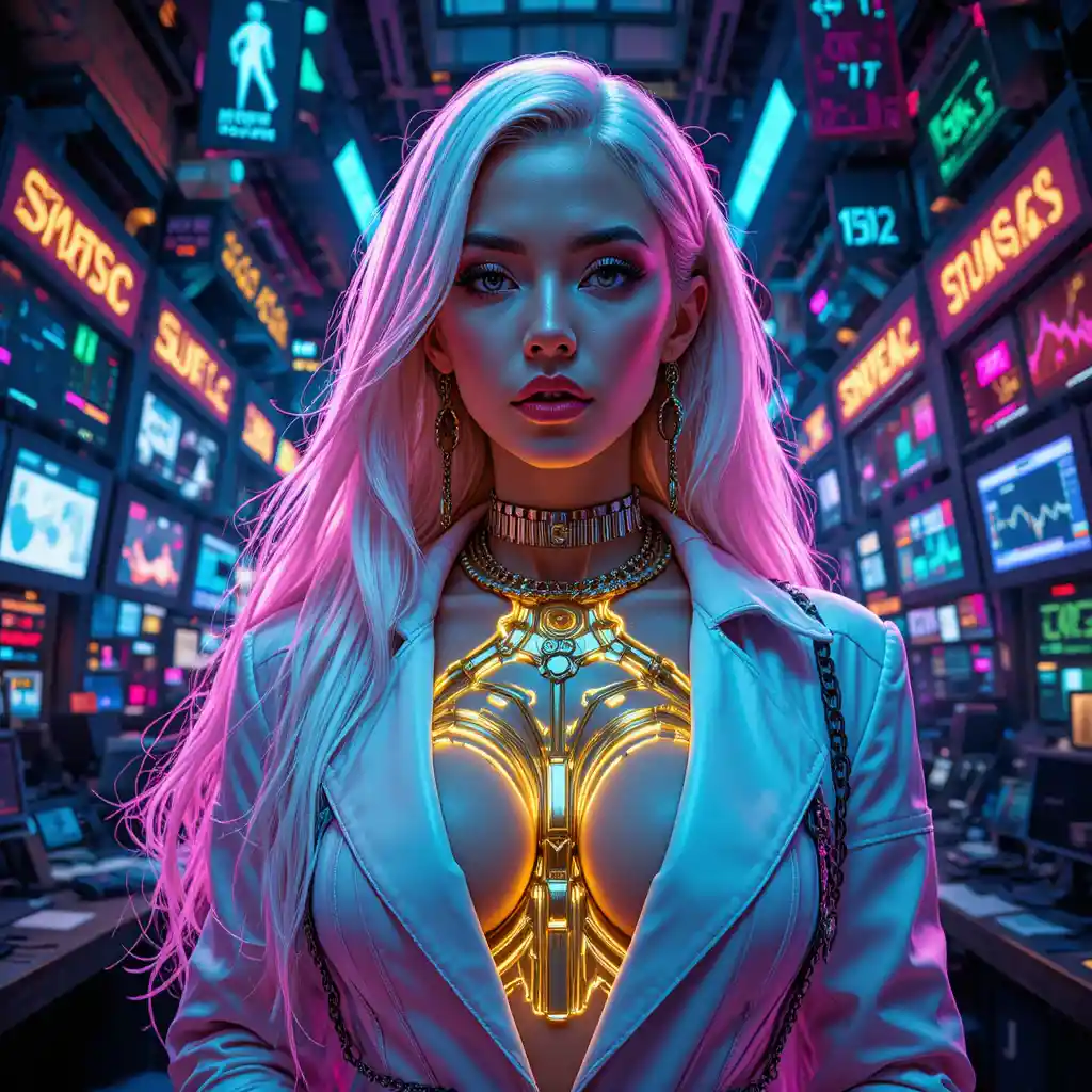 Cyberpunk woman in collapsing futuristic stock exchange portrait