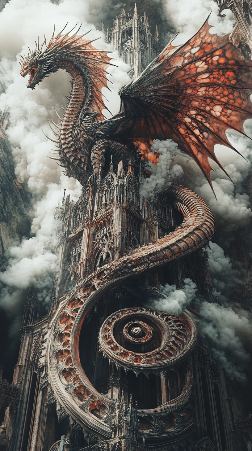 Dragon Looming Over Crumbling Gothic Cathedral At Night