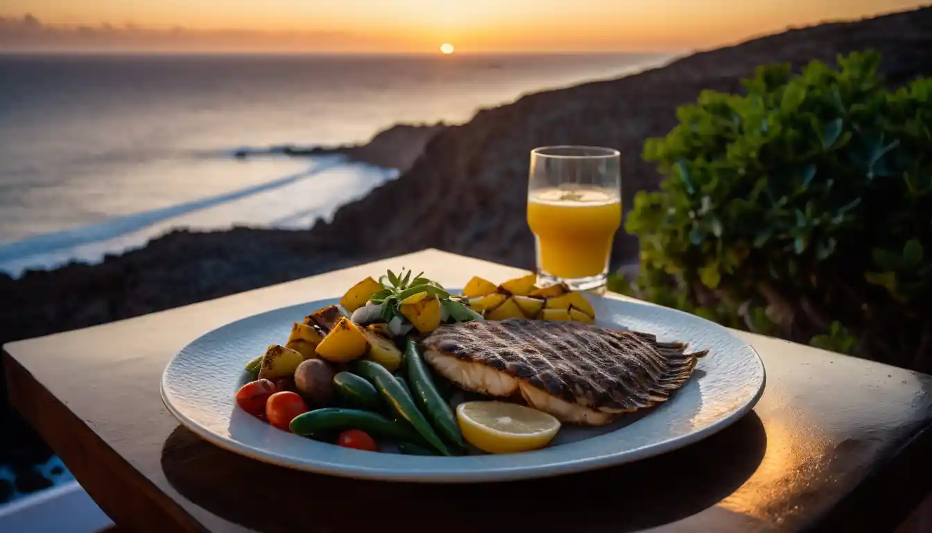 Grilled fish with papas arrugadas at seaside restaurant sunset