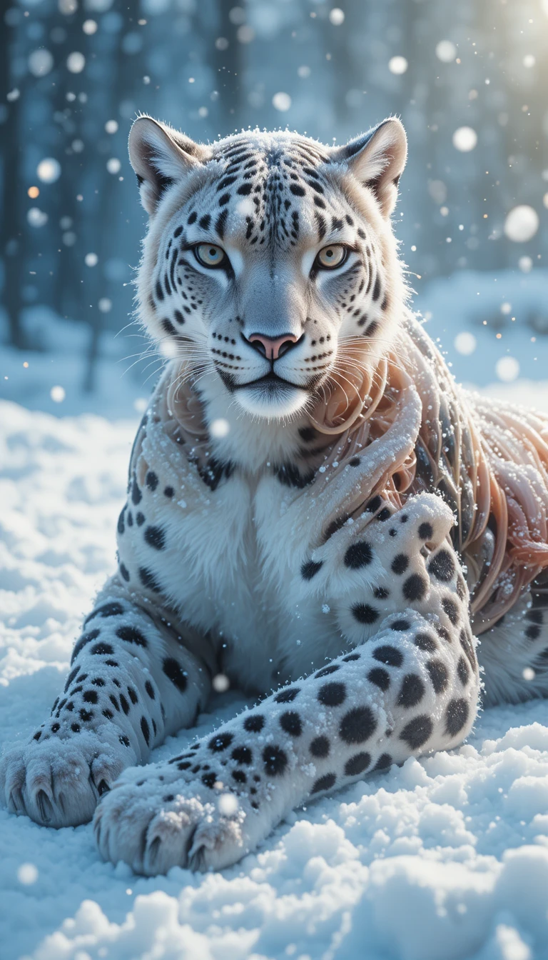 Snow leopard of translucent tissue resting quietly on snow