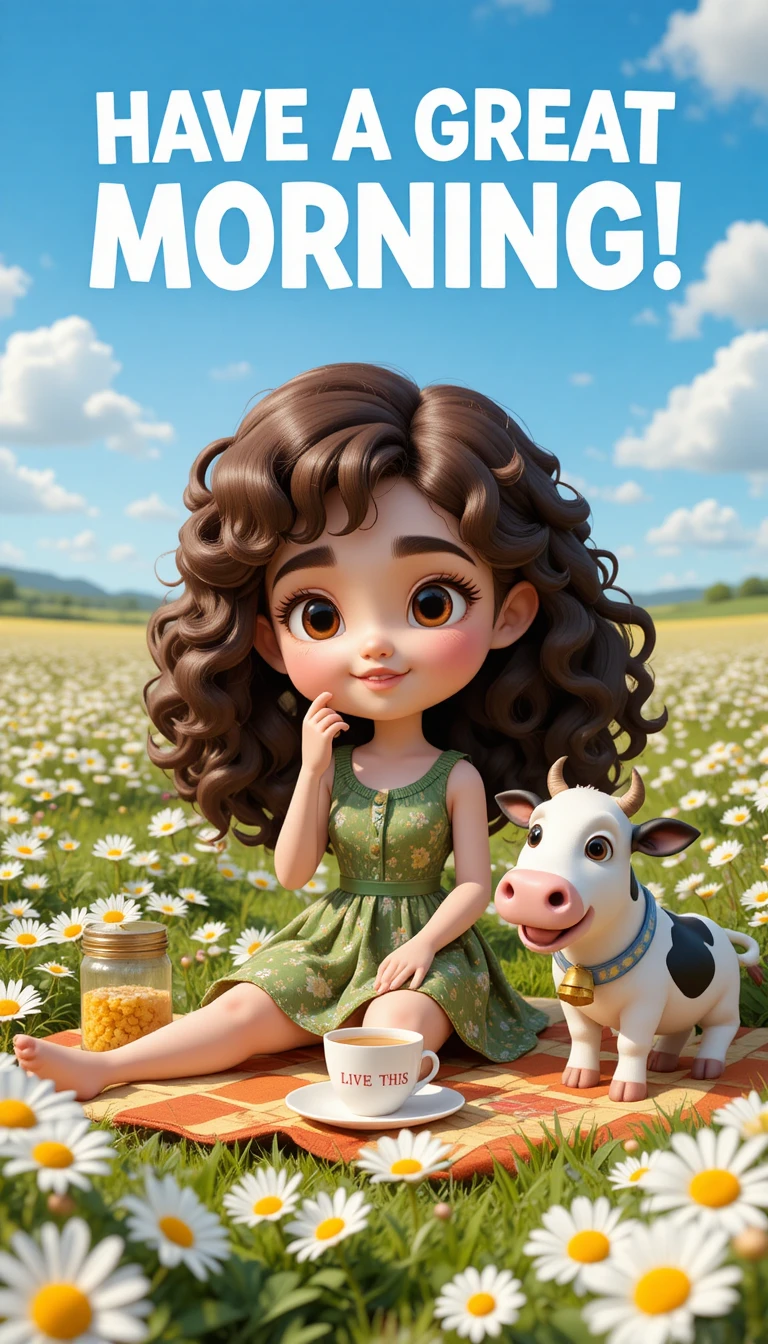 Chibi girl in a sunny daisy field with funny cow