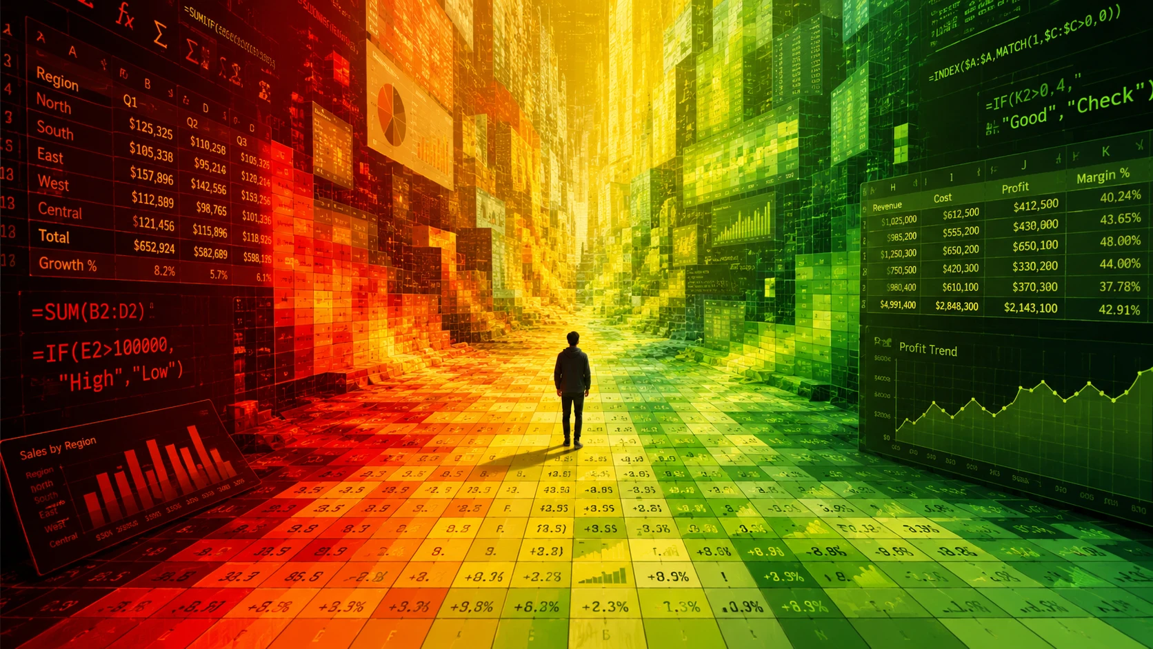 Man walking through glowing spreadsheet data landscape