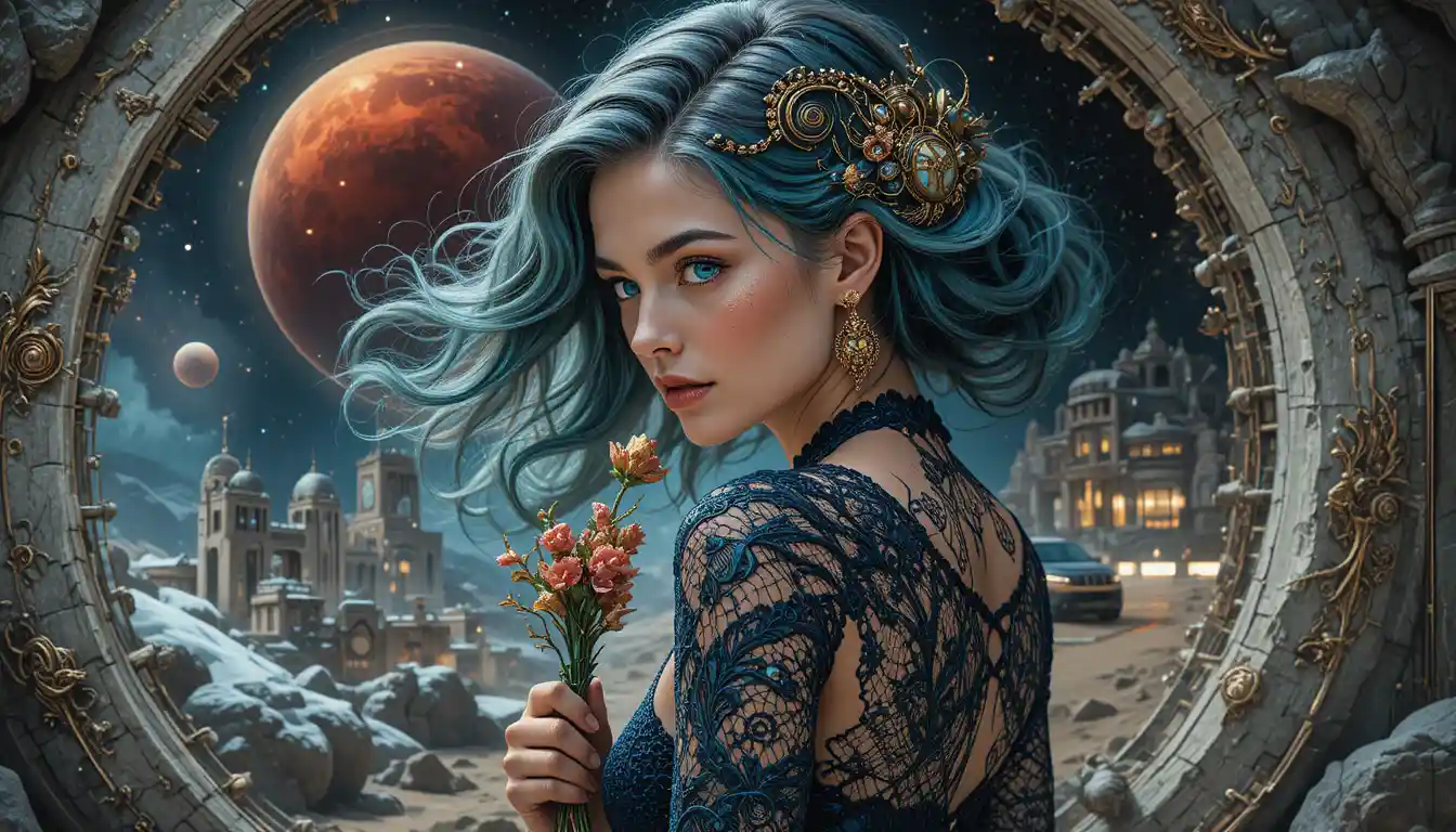 Surreal woman with flowing teal hair and dark velvet dress