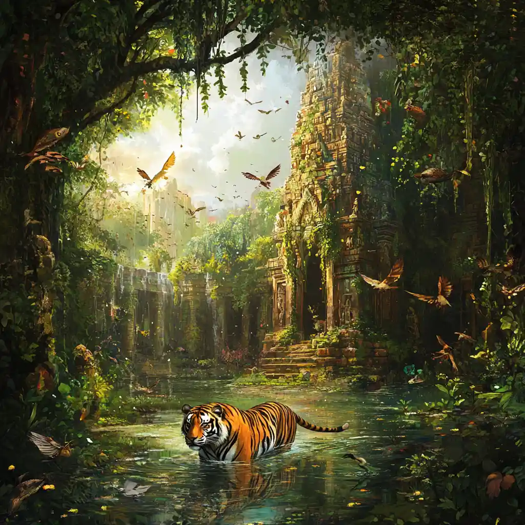 Majestic tiger in an ancient vine covered jungle metropolis