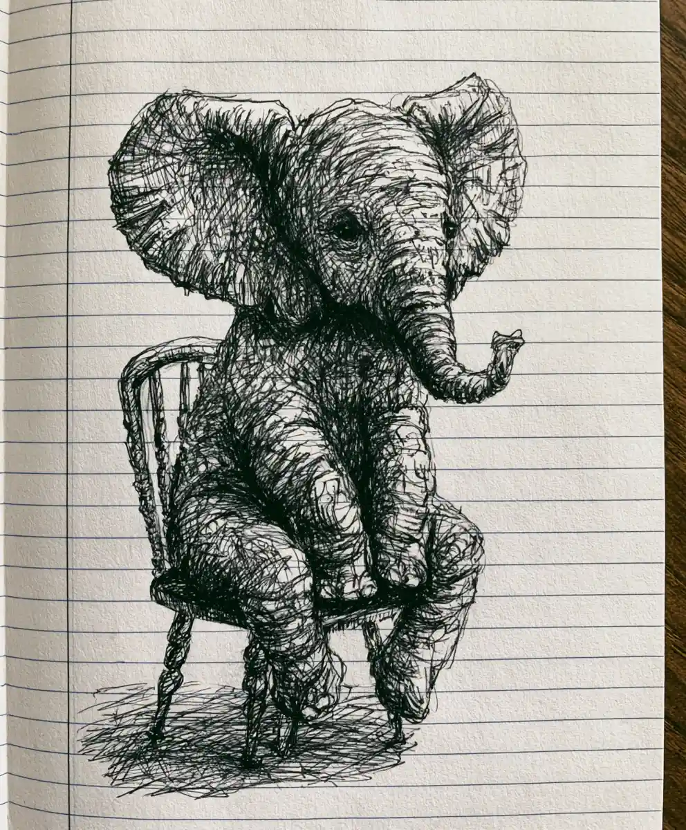 Cute ink drawing of a tiny elephant on notebook paper