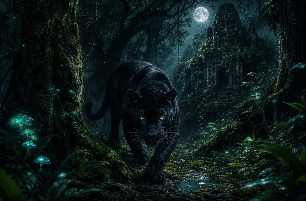 Black panther stalking through moonlit rainforest at night