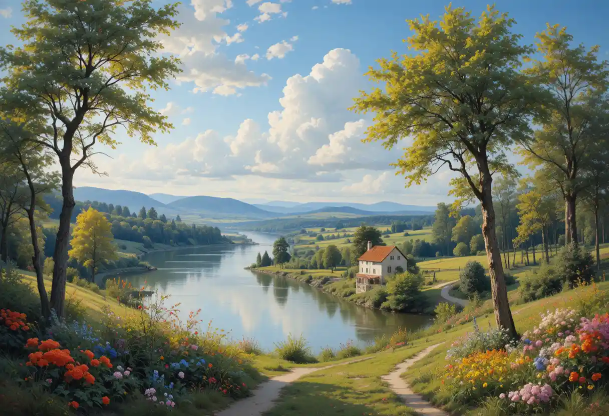 Colorful summer river landscape in classic oil painting