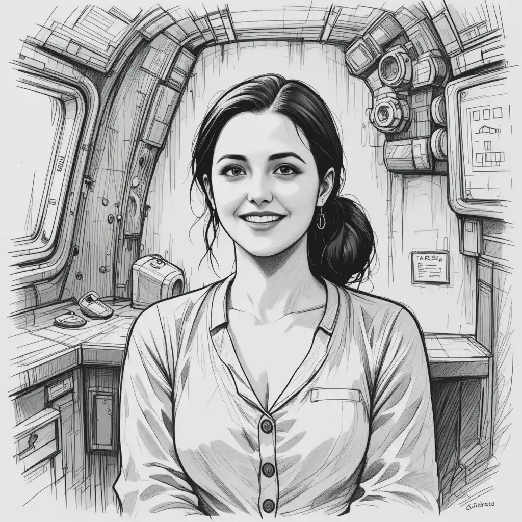 Smiling woman relaxing in a cozy starship cabin