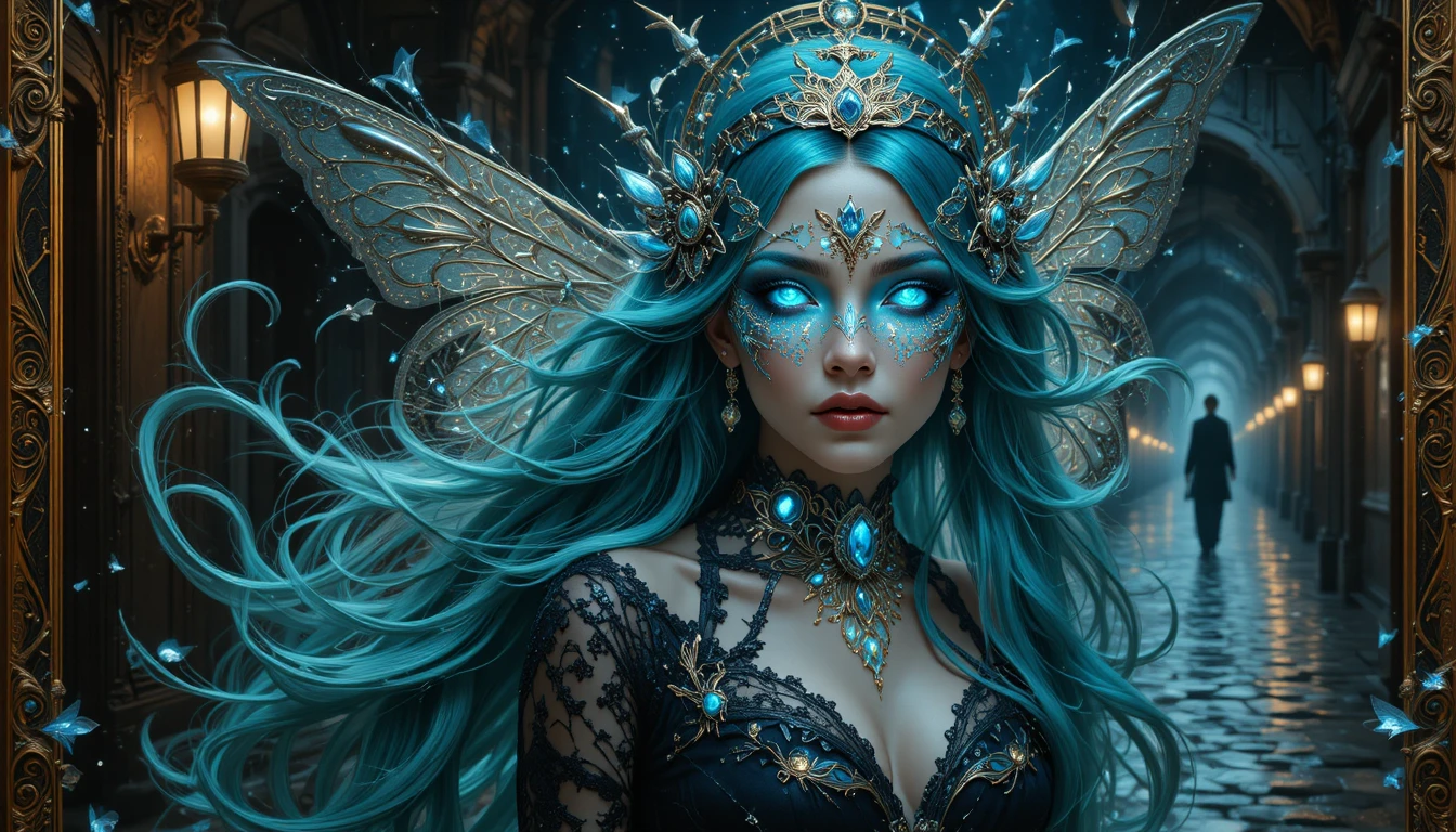 Celestial enchantress with butterfly mask and sapphire jewels
