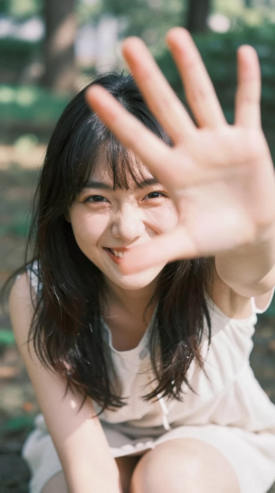 정원에서 카메라를 향해 손을 뻗는 발랄한 일본 여성