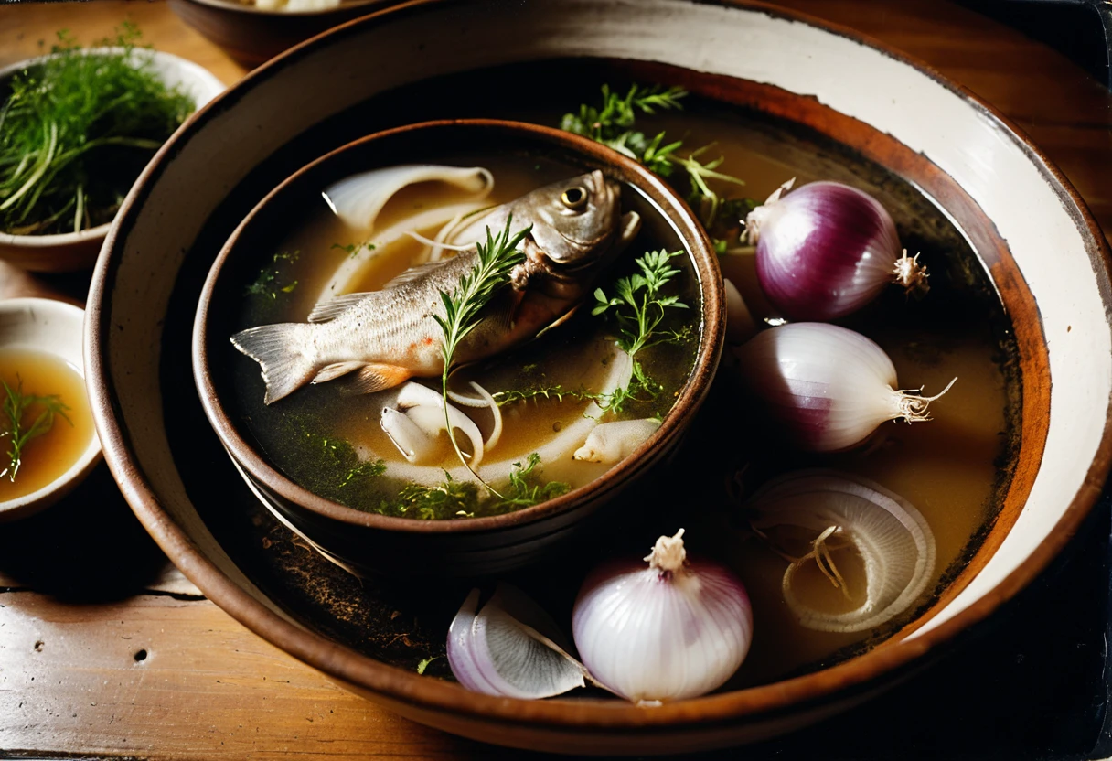Traditional gofio soup in ceramic bowl on wooden table