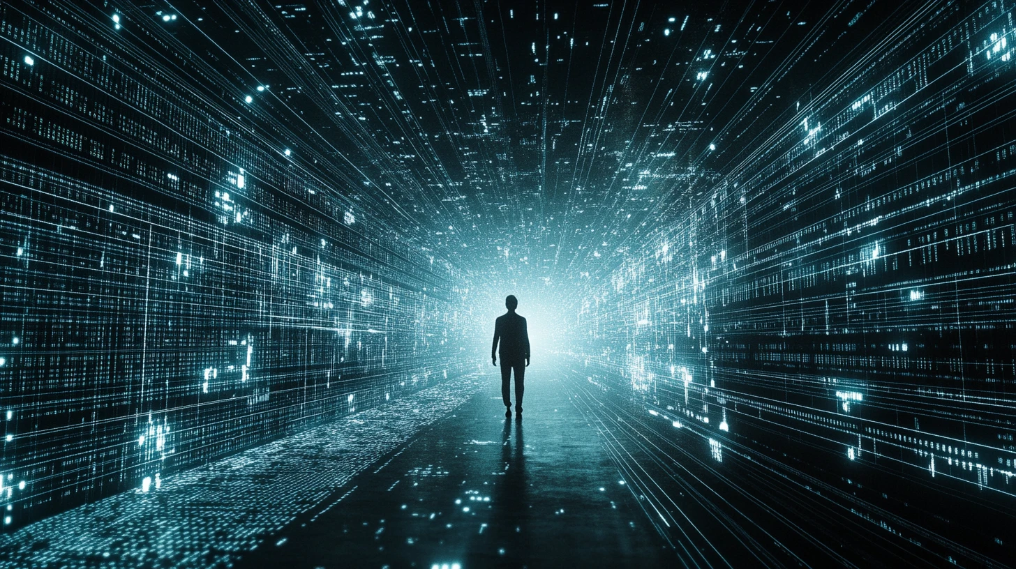Man Walking Through Infinite Glowing Data Grid Connections