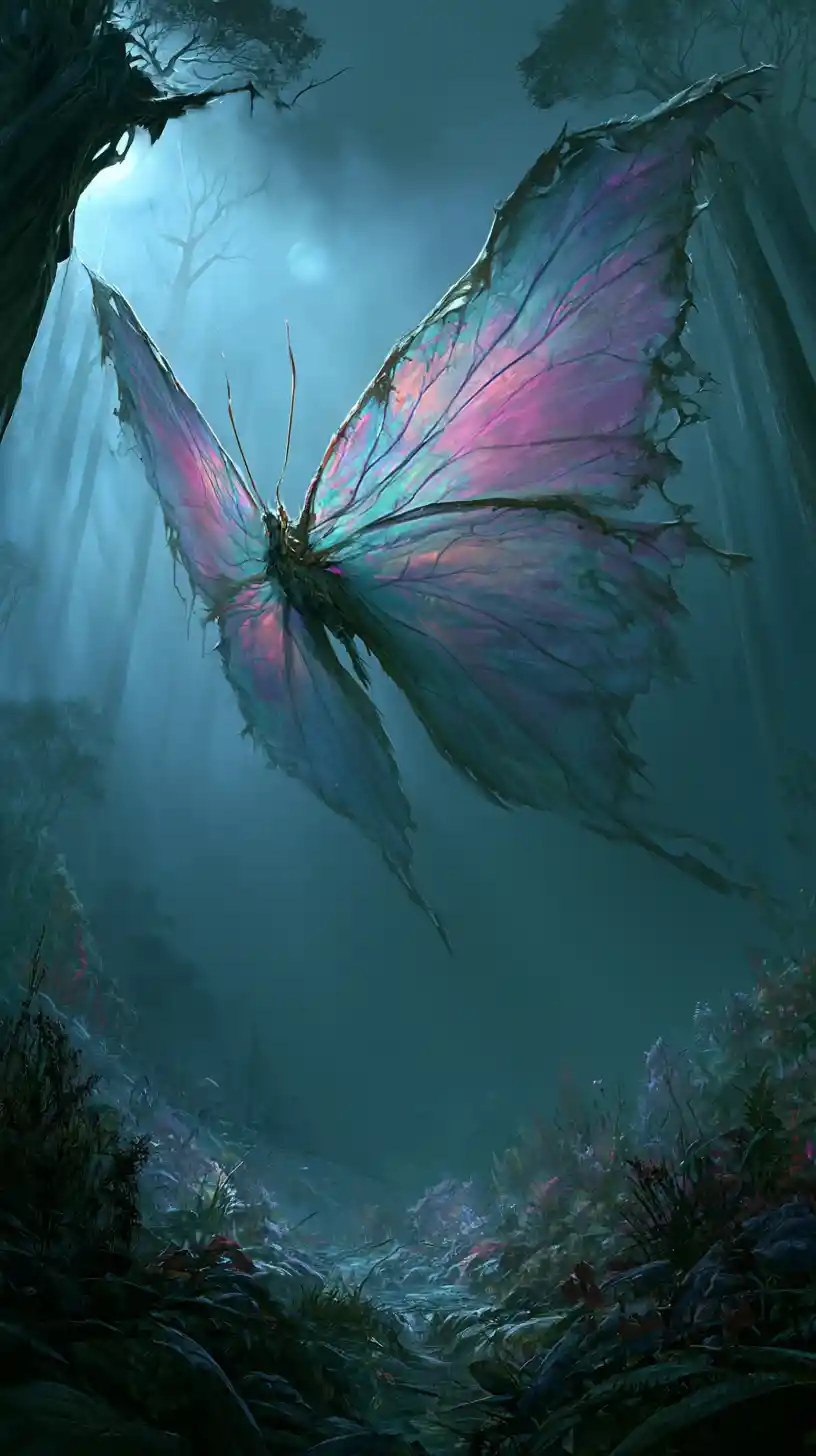 Giant butterfly hovering over a moonlit overgrown forest clearing