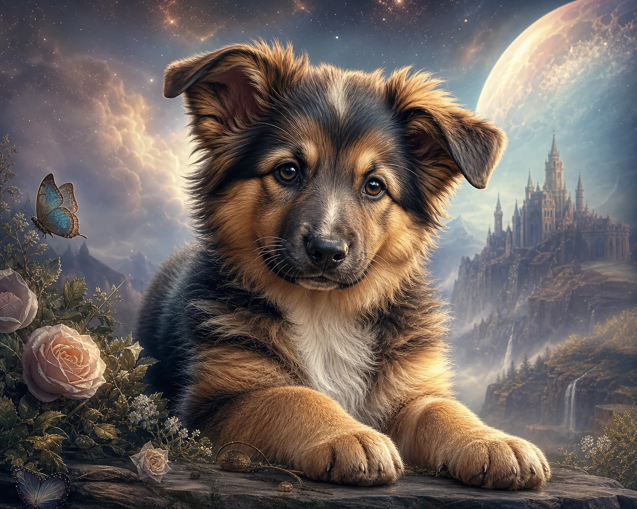 Cute shepherd collie puppy rendered in soft airbrush style