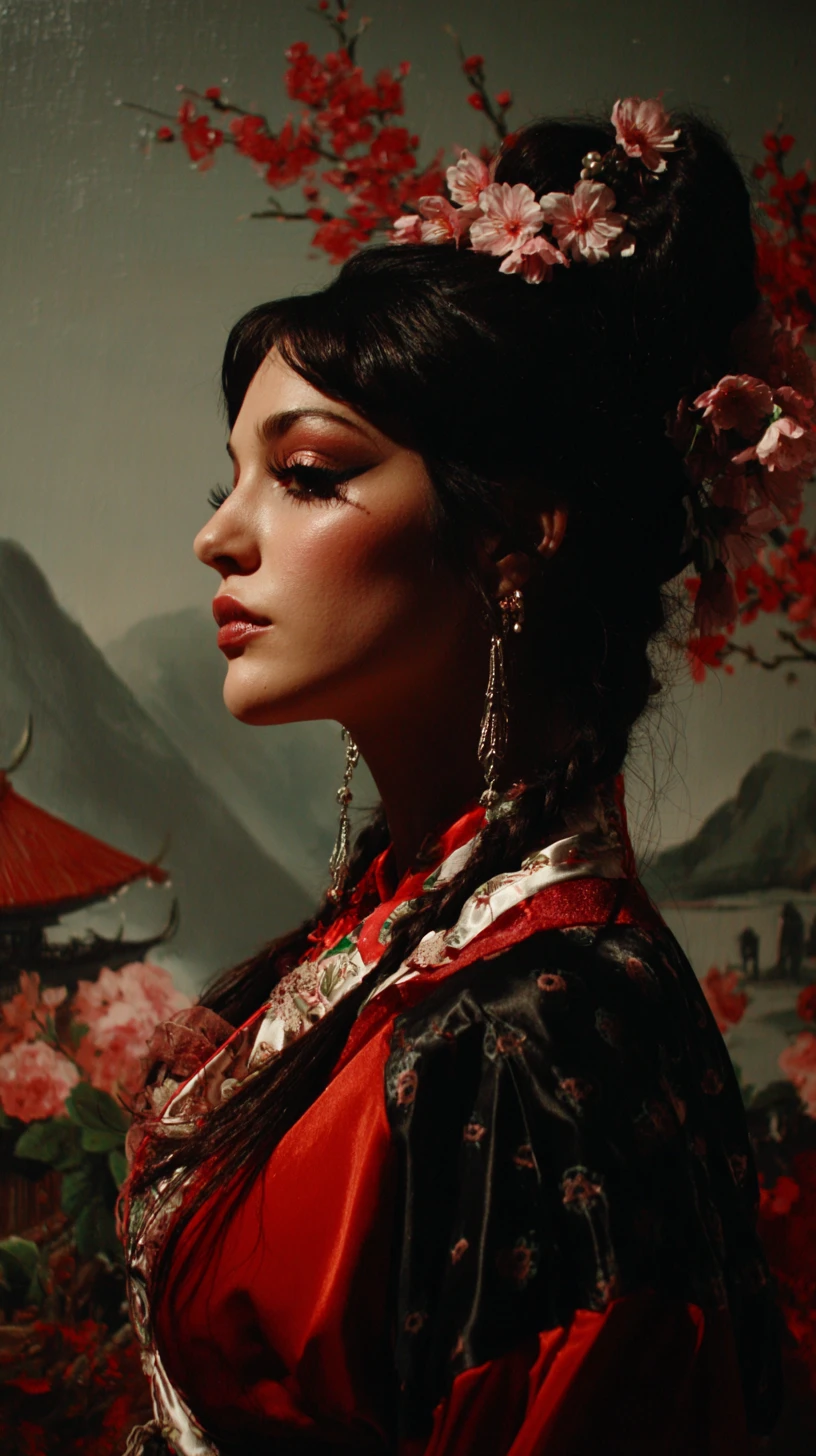Japanese woman in profile with cherry blossoms and kimono