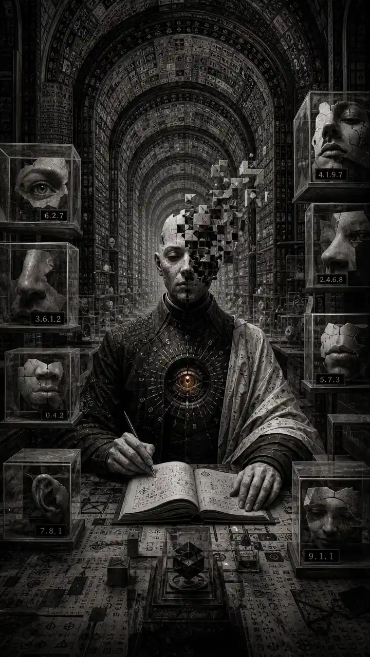 Surreal archivist figure in an infinite vaulted chamber