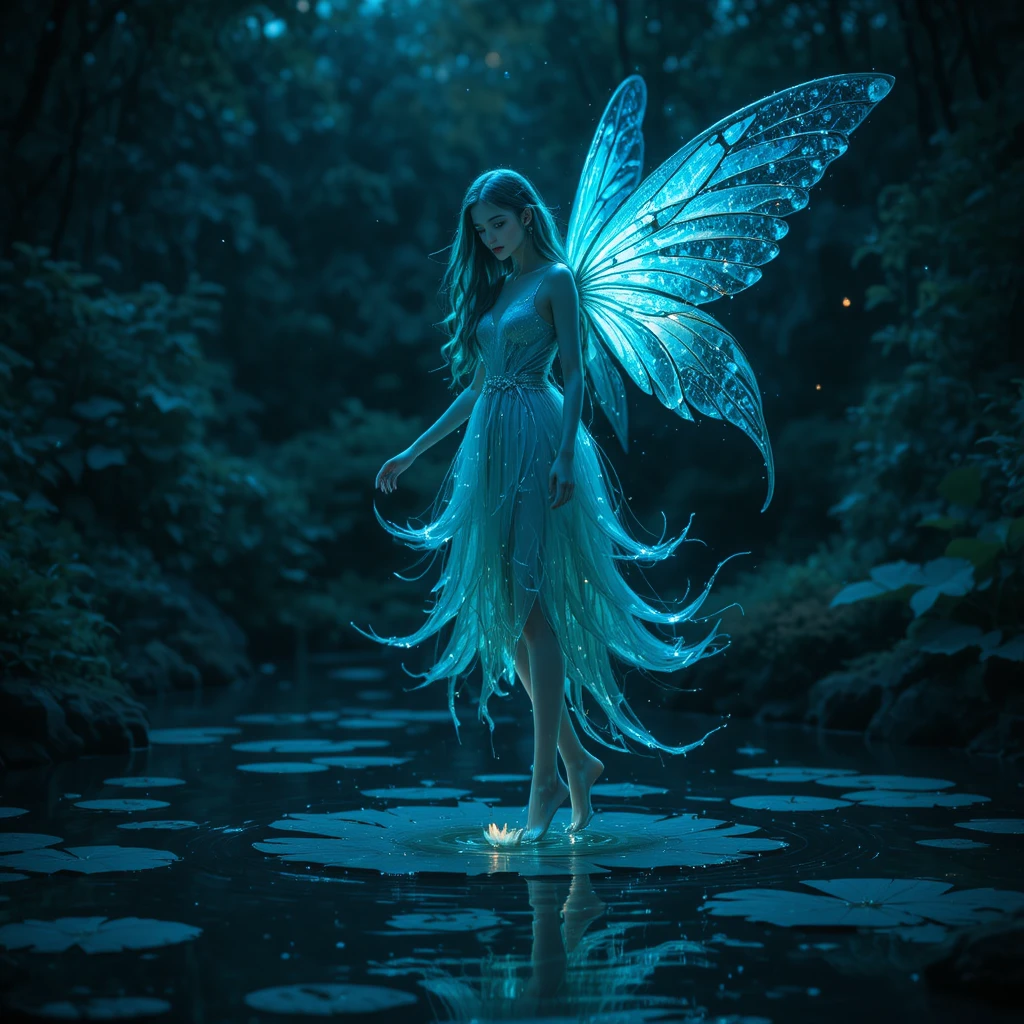 Mystical Water Fairy Above A Starlit Garden Pond