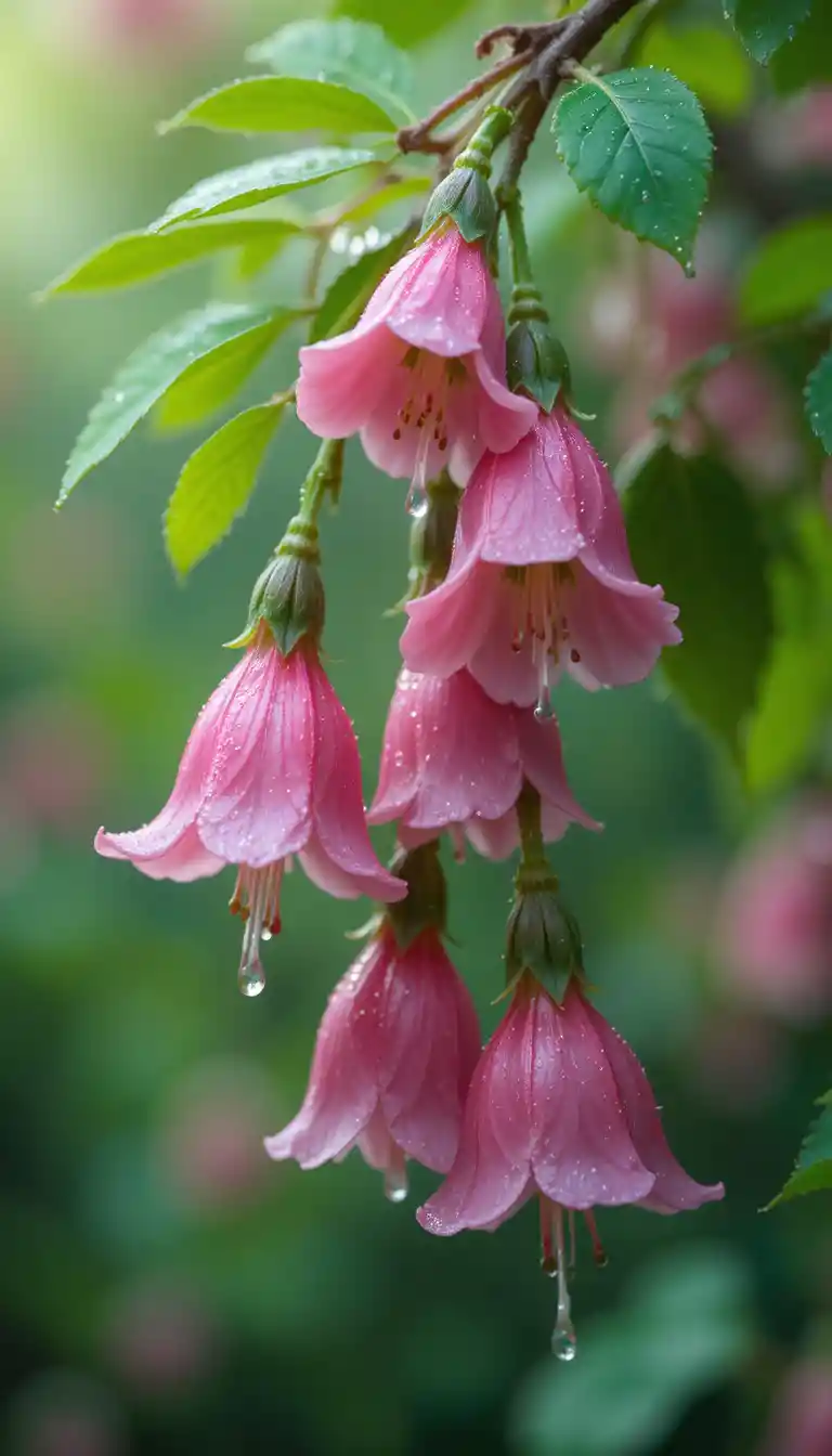Pink bellflowers with dewdrops in a soft green garden
