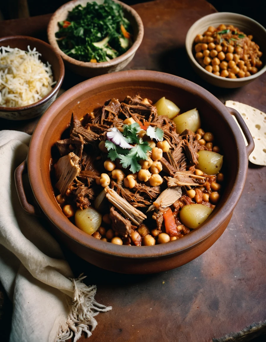 Traditional canarian chickpea and meat stew in clay bowl