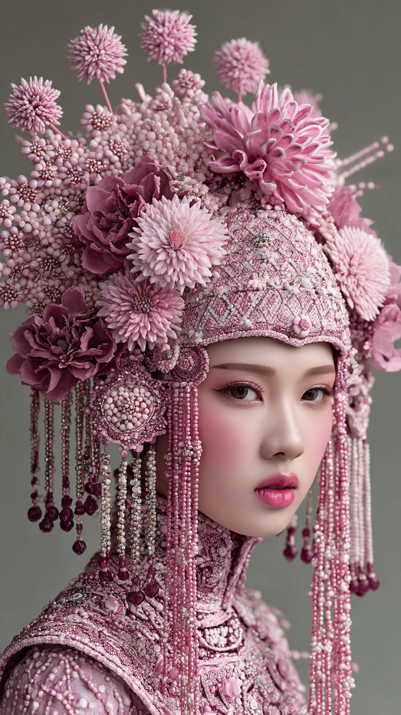 Woman in ornate traditional headdress with pink floral details