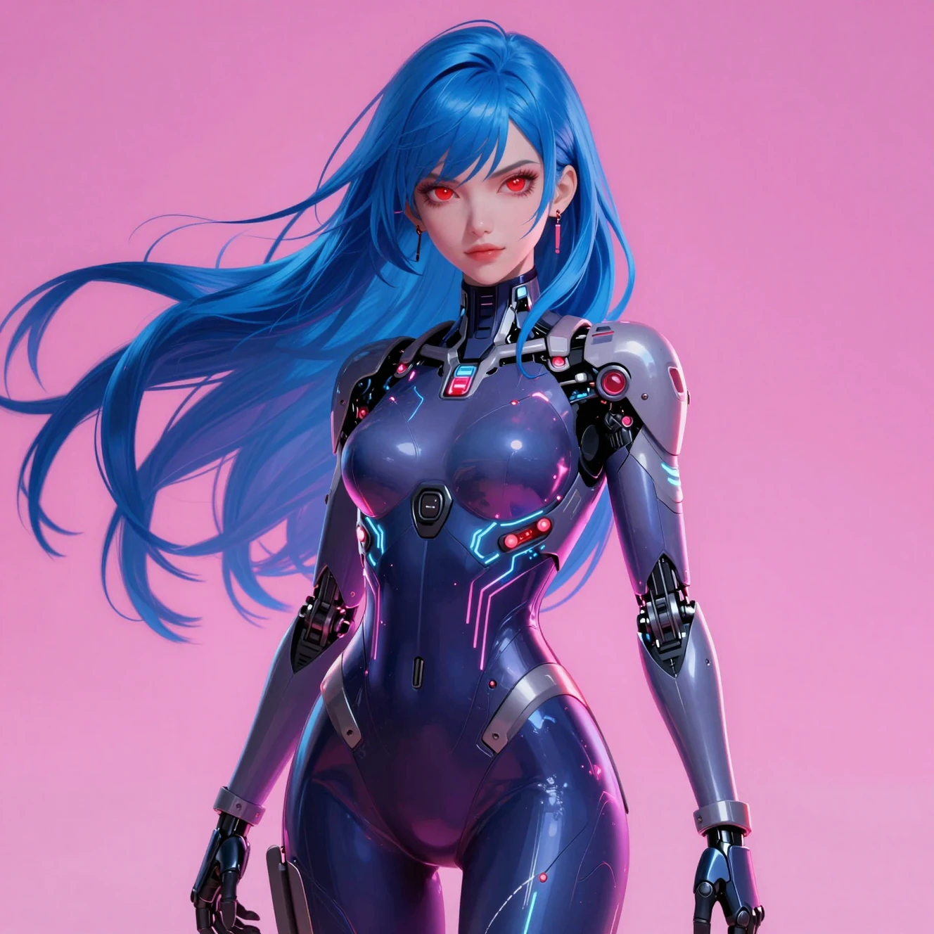 Donna cyberpunk con capelli blu in tuta tecnologica al neon